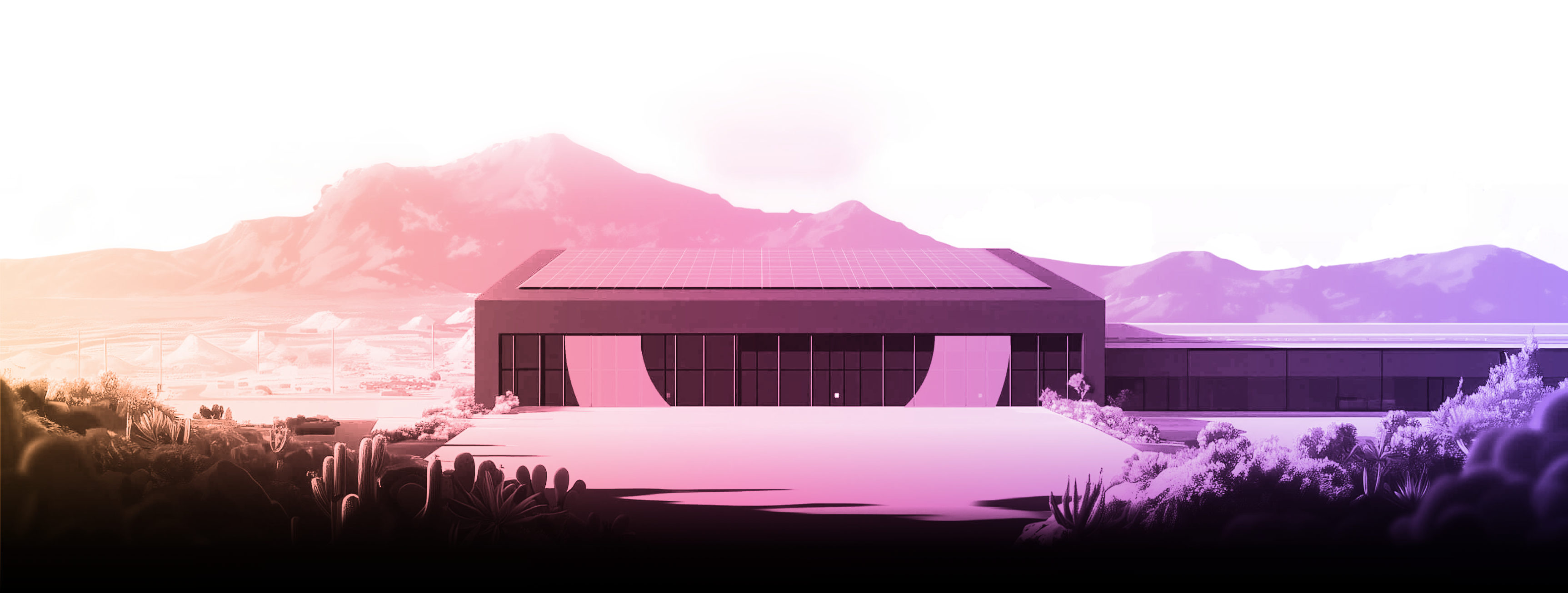 Factory rendered in the Daedalus gradient, dissolving into the page